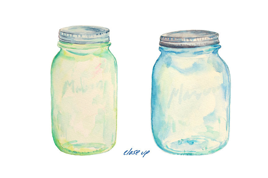 watercolour mason jar illustration, mason jar with lid. 