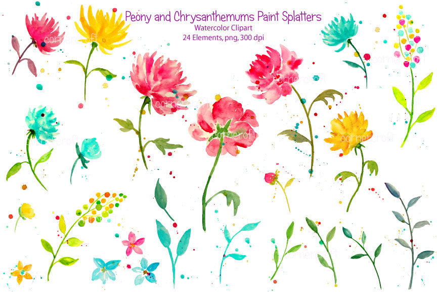 abstract pink, yellow peony and chrysanthemum watercolor clipart, seamless pattern for instant download