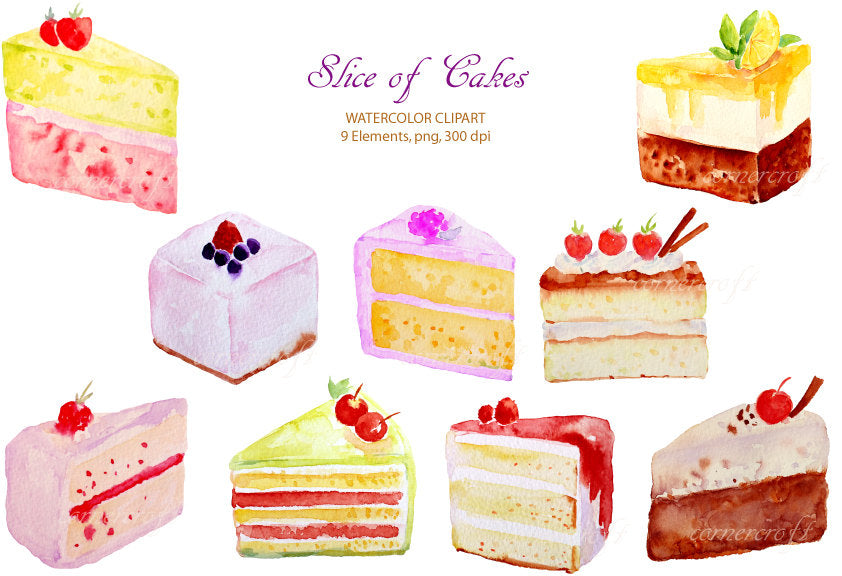 Watercolor clipart cake slices, cake clipart, watercolor cake illustration, corner croft design. 