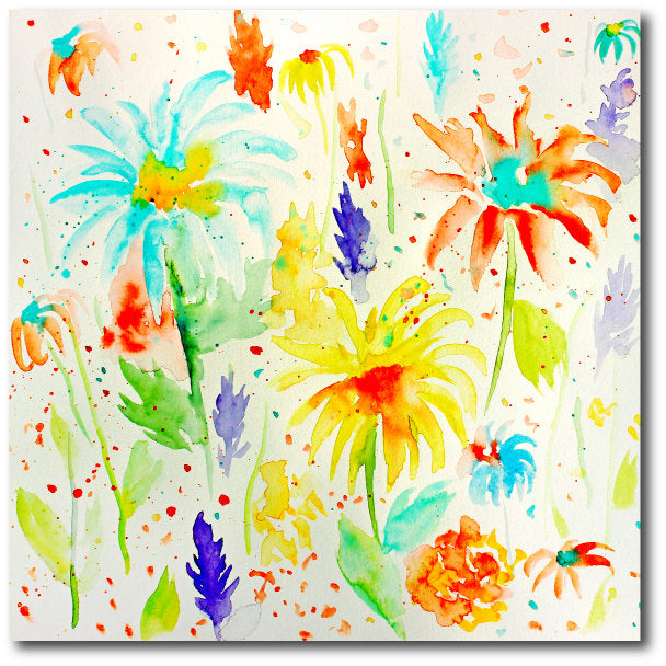 watercolor floral pattern, abstract watercolor floral Patterns of roses, irises, poppies, daisies and ranunculus with paint splatters.