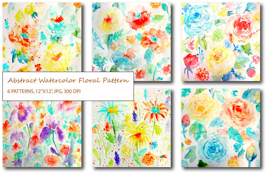 watercolor floral patterns, abstract watercolor floral Patterns of roses, irises, poppies, daisies and ranunculus with paint splatters.