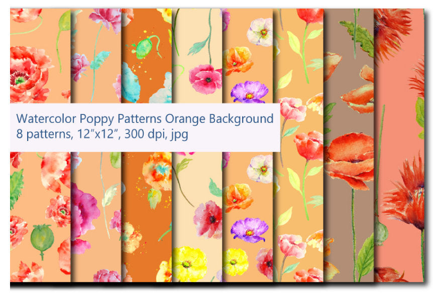 watercolor digital paper poppy pattern, orange theme 