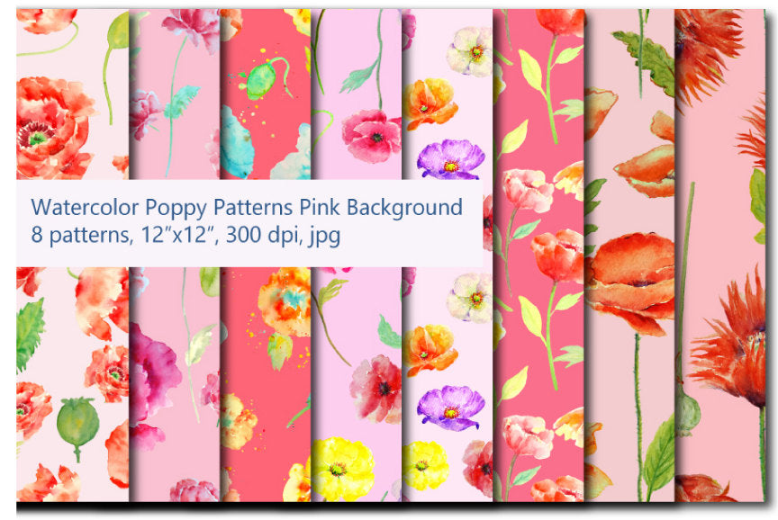 watercolor digital paper, pink theme, poppy pattern 