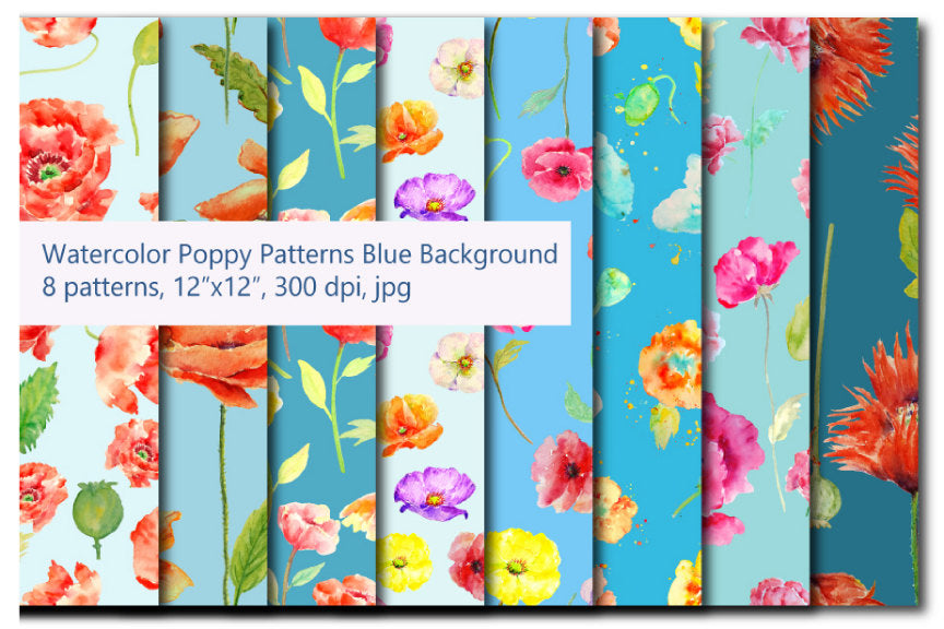 watercolor poppy pattern, blue background
