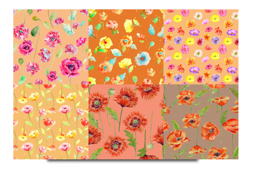 watercolor orange themed poppy pattern, seamless pattern, digital paper