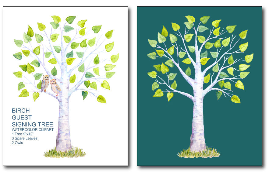 Wedding Clipart, watercolor birch guest signing tree