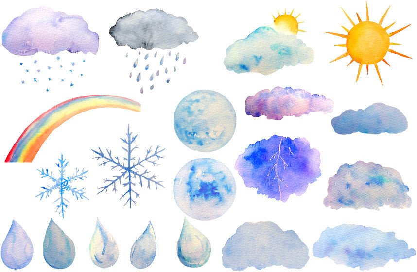 watercolor weather elements, sun, moon, cloud, rainbow, rain drops, watercolor illustration 