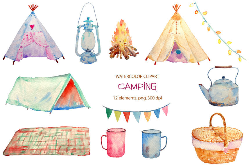 Hand painted watercolor camping clipart, teepee, tent, camp fire instant download for greeting cards, diy wedding invitations