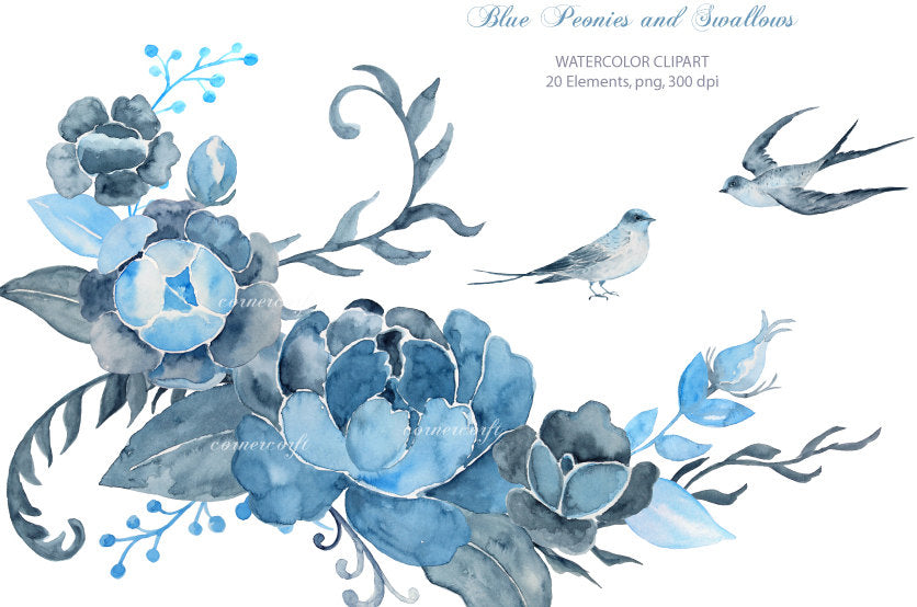 watercolor dark blue peony and bird, indigo peony, wedding flower