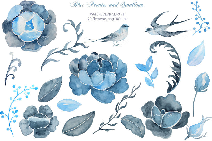 flower clipart, watercolor indigo peony and swallow 