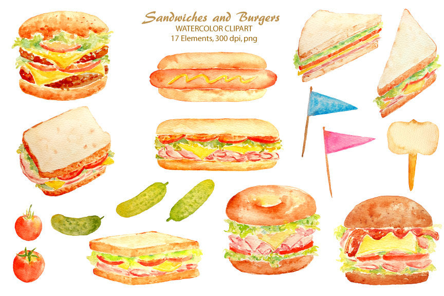 watercolor food clipart, sandwich, burger, hot dog, instant download 