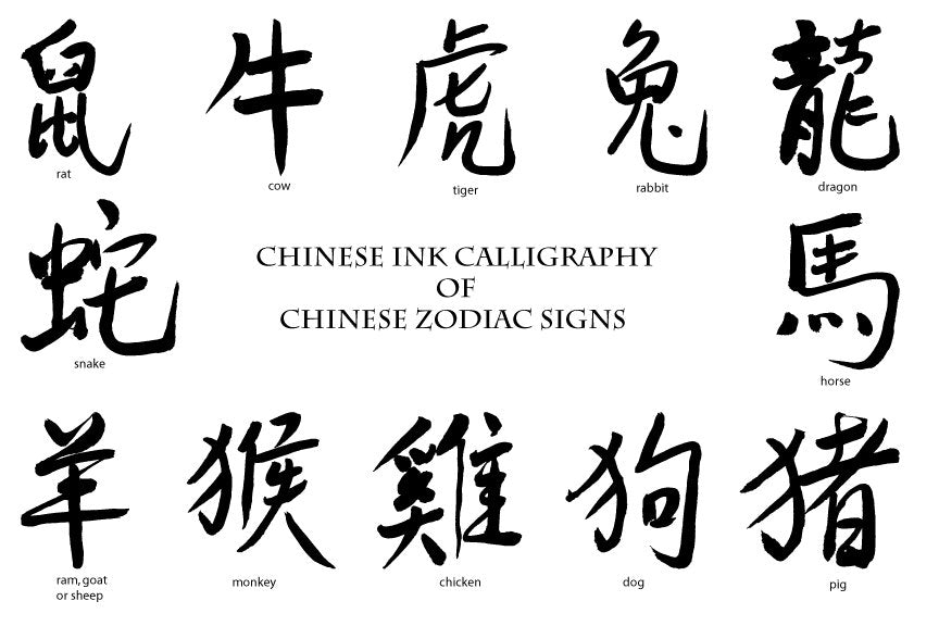 Watercolor clipart, Chinese, zodiac sign, Chinese horoscope, ink calligraphy 