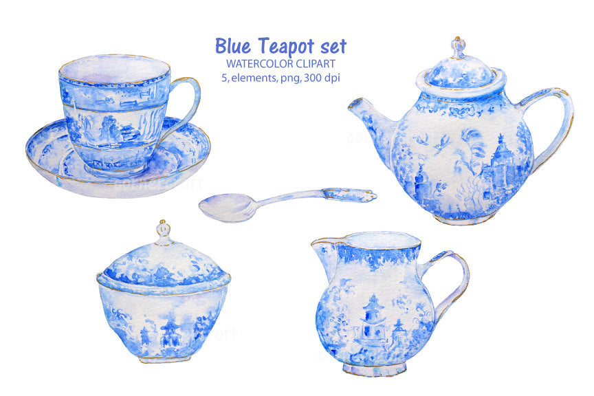 watercolor blue tea pot set clipart, detailed watercolor illustration 
