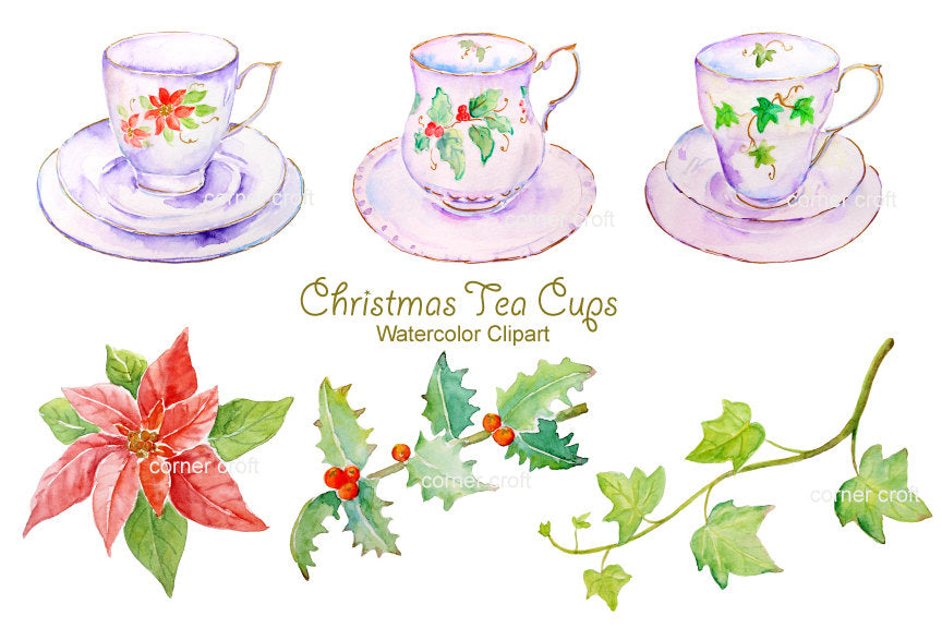 watercolor Christmas tea cup clipart, poinsettia, holly and ivy leaves