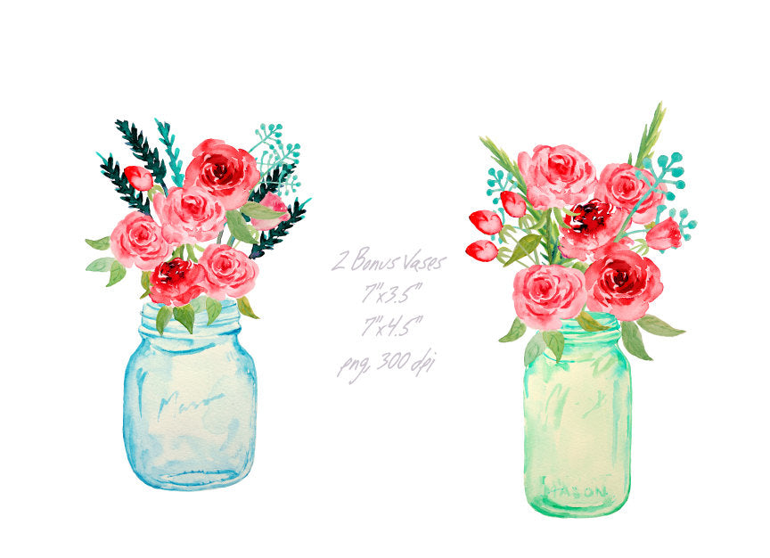 vase of flower, mason jar flowers, red flower, wedding flower, instant download