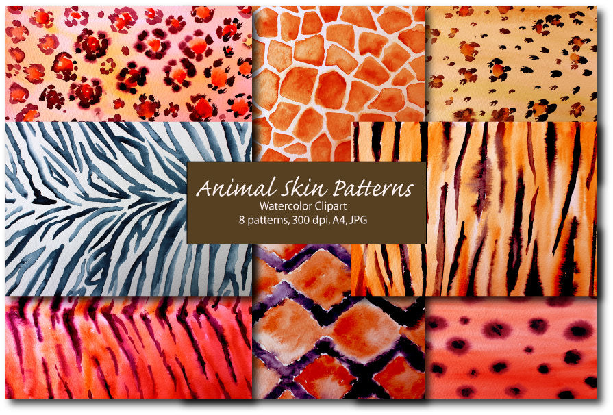 Watercolor animal skin patterns, The patterns include tigers, Cheetah, Leopard, jaguar, zebra, giraffe and snake