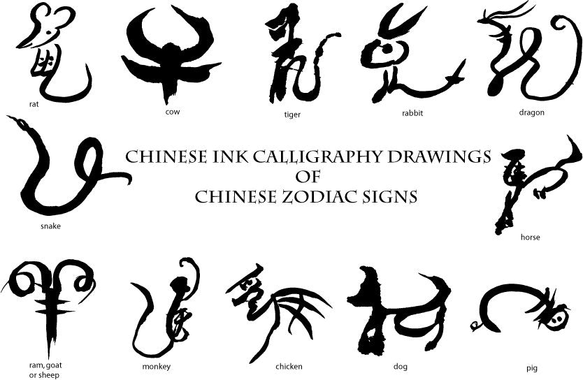Chinese style hand drawn calligraphy drawings of the characters of 12 animal zodiac signs