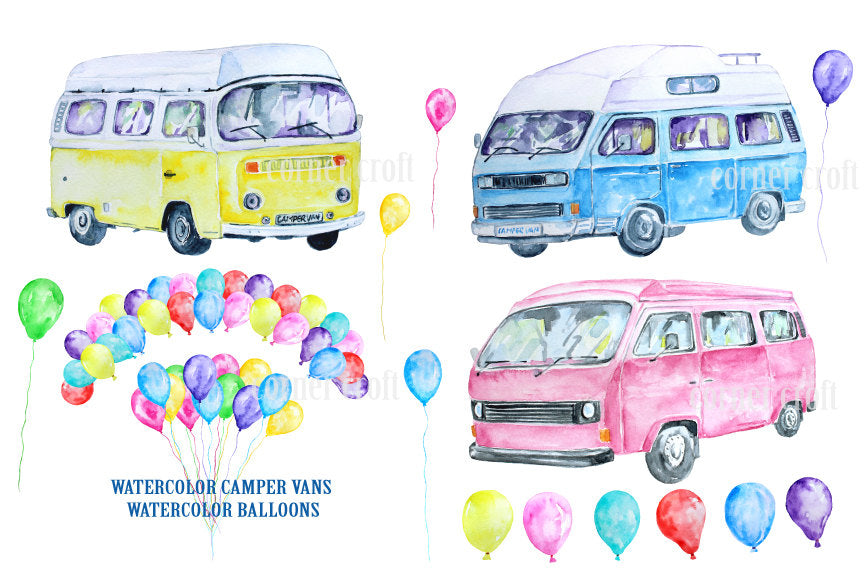 watercolor campervan, leisure vehicle, class camper van, balloons, pink, yellow and blue
