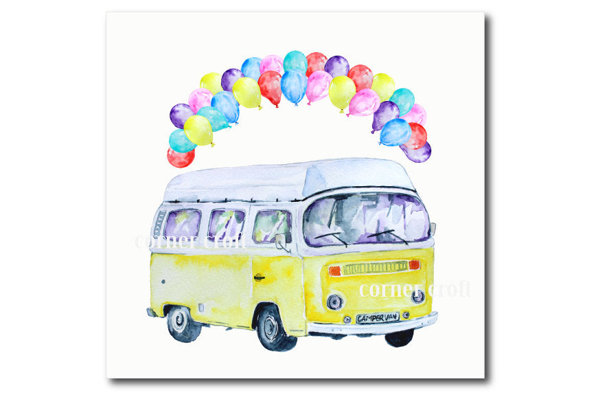 greeting cards, watercolor campervan, leisure vehicle, class camper van, balloons, pink, yellow and blue