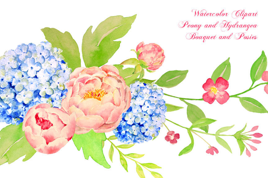 pink and peach peony, blue hydrangea floral bouquet, floral arrangement, instant download. 
