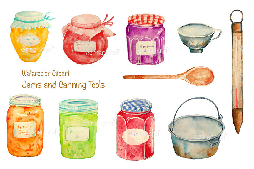 watercolour clipart jam jar, fruit jar, watercolour illustration canning equipment 