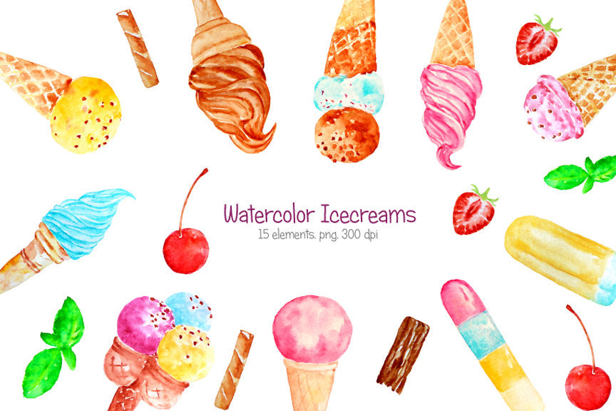 watercolour ice cream clipart, watercolour ice cream illustration, instant download 