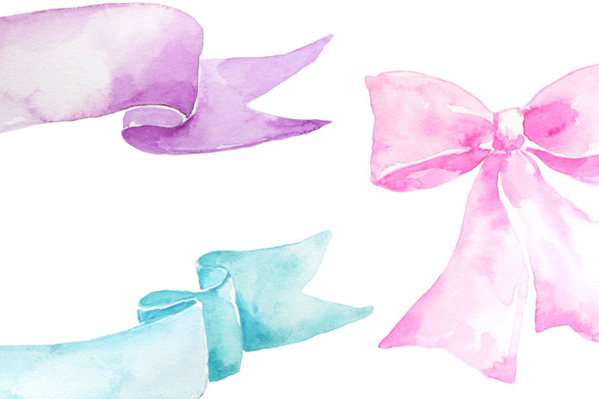 Hand painted watercolor banners, watercolor ribbons and watercolor bows pink blue, purple and yellow