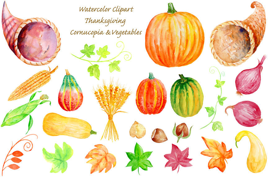 watercolor clipart hanksgiving cornucopia, crop (wheat), nuts, vegetables (sweetcorn, red onions, pumpkins and butternut squash)