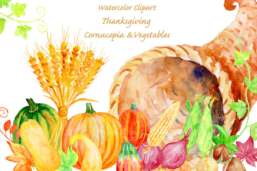 watercolor thanksgiving clipart, crops, squash, pumpkin, wheat, instant download 