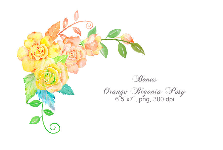 Watercolor Clipart - Orange Begonia and Pink Hydrangea printable instant download