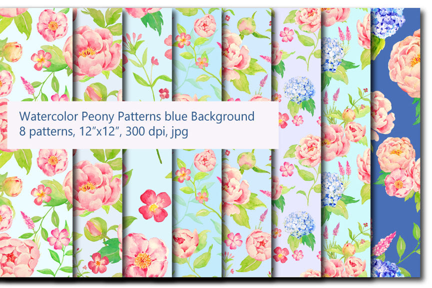watercolor pattern, peony and hydrangea pattern, repeat pattern, seamless pattern.