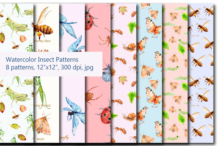 watercolor digital paper, insect pattern, instant download 