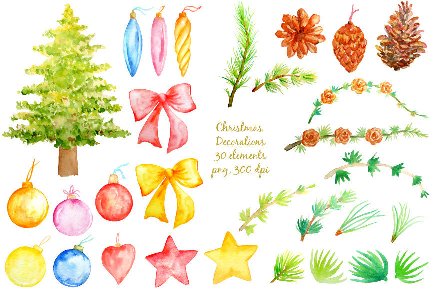 Hand painted watercolor Christmas decorations, Christmas tree, bauble, wreath, pine cone, pine needle, baubles, pine branches for instant download
