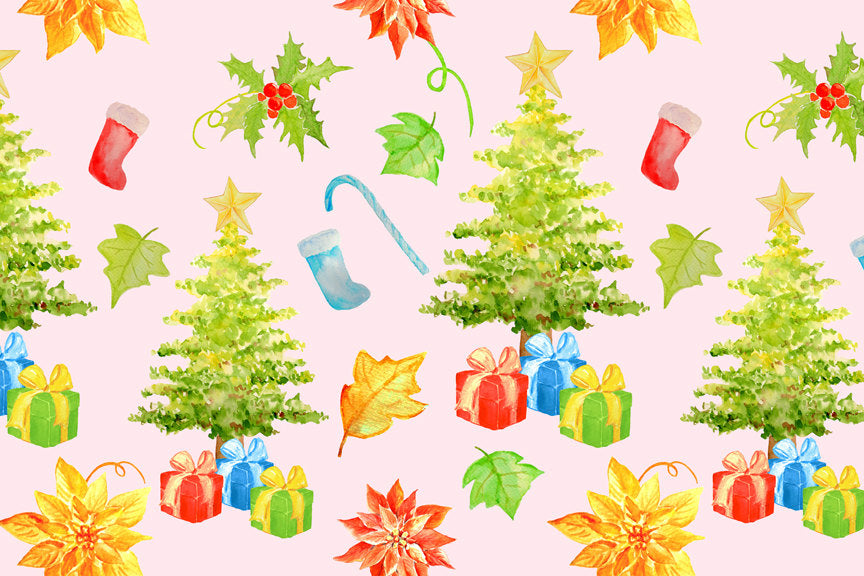 8 Seamless watercolor Christmas pattern in pink background. They are perfect for background, scrapbook, wedding background, wrapping paper, fabric design and for Christmas.
