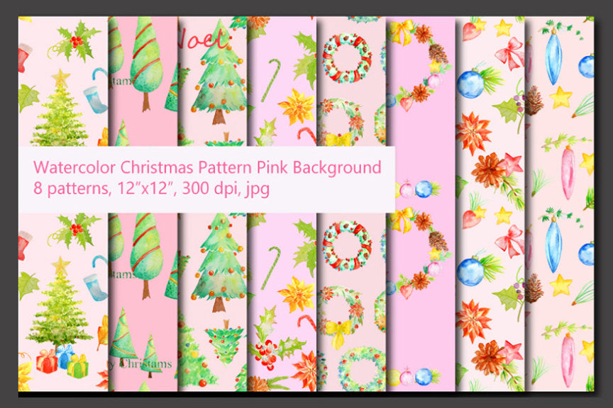 8 Seamless watercolor Christmas pattern in pink background. They are perfect for background, scrapbook, wedding background, wrapping paper, fabric design and for Christmas.