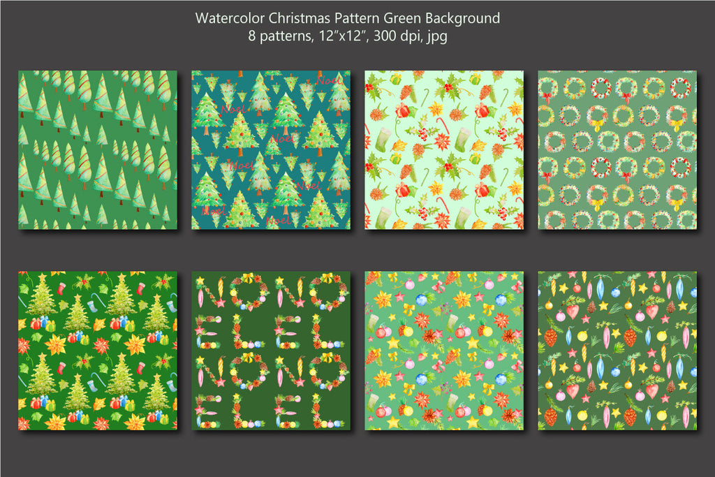 Watercolor Christmas pattern green theme, green background, digital paper