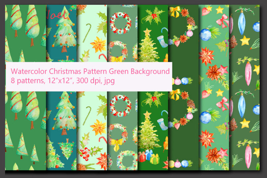 Watercolor Christmas pattern green theme, green background, digital paper