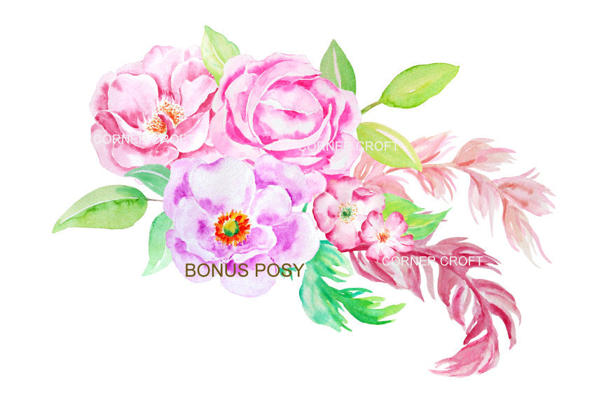 waterclor clipart pink rose and purple rose, instant download 