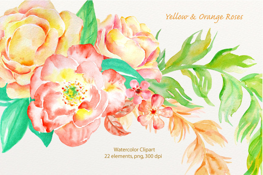 watercolor yellow rose, orange rose, wedding clipart