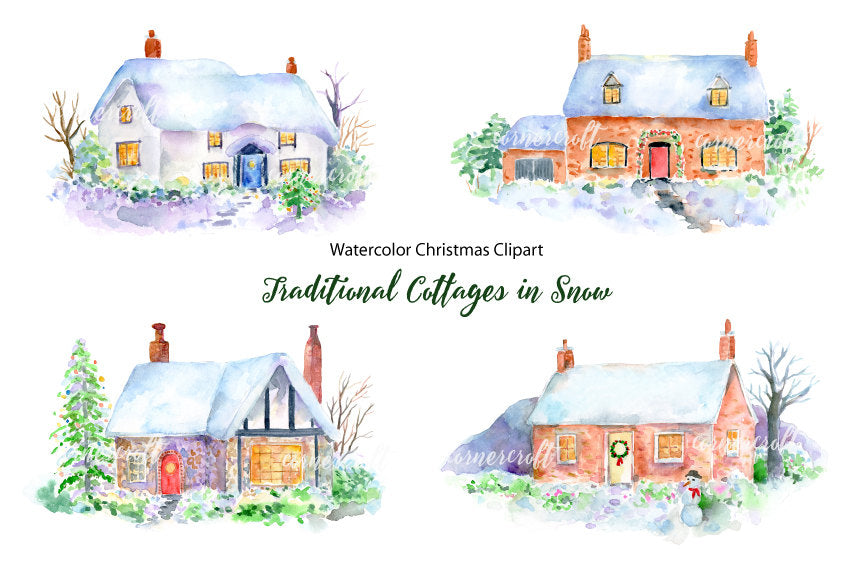 watercolor cottage, winter cottage, cottage in snow, cottage illustration 