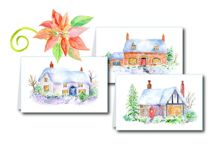 watercolour cottage for digital download, address label, Christmas card, cottage illustration 