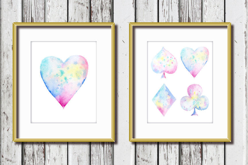 Watercolor abstract poker spade, heart, diamond and club clipart