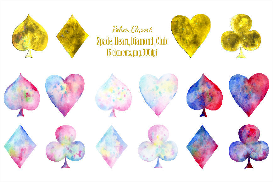 Watercolor abstract poker spade, heart, diamond and club clipart