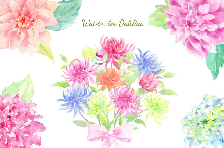 Watercolor dahlia collection in pastel pink, blue and purple