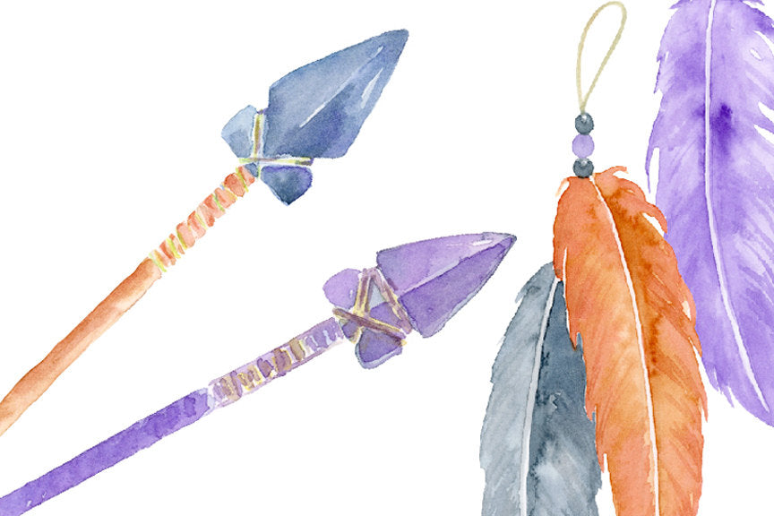 arrow and feather, watercolor clipart, corner croft, watercolour illustration