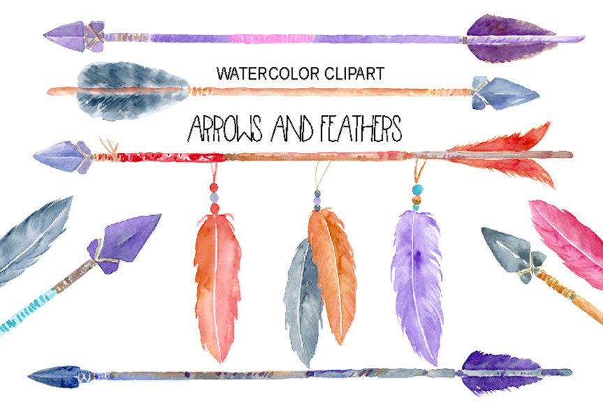 watercolor clipart, watercolour clipart, boho feathers, boho arrows 