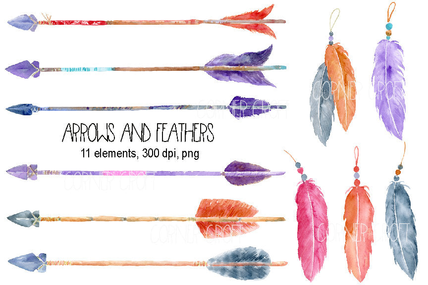 pink, purple, grey feather, boho arrows, watercolor illustration, boho clipart