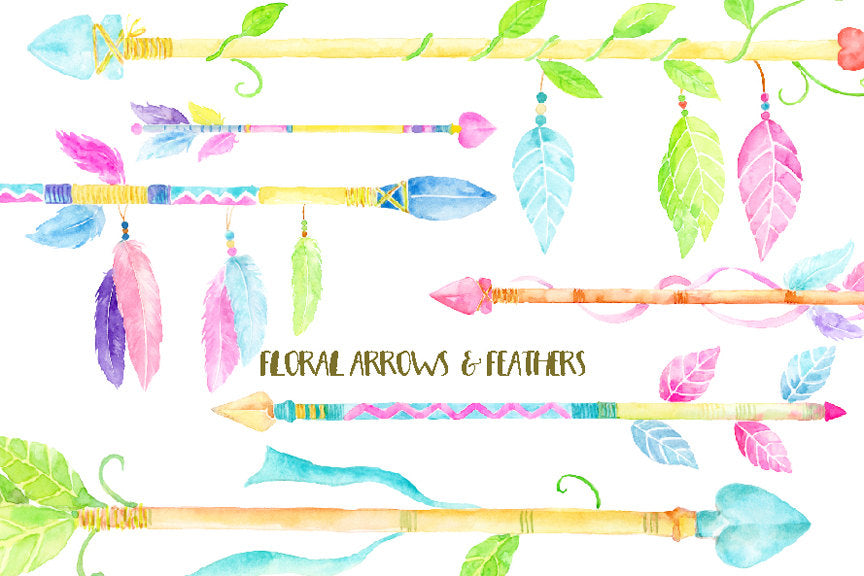 Watercolor floral feathers, arrows, boho arrow, floral arrows, leaf arrows, corner croft, 