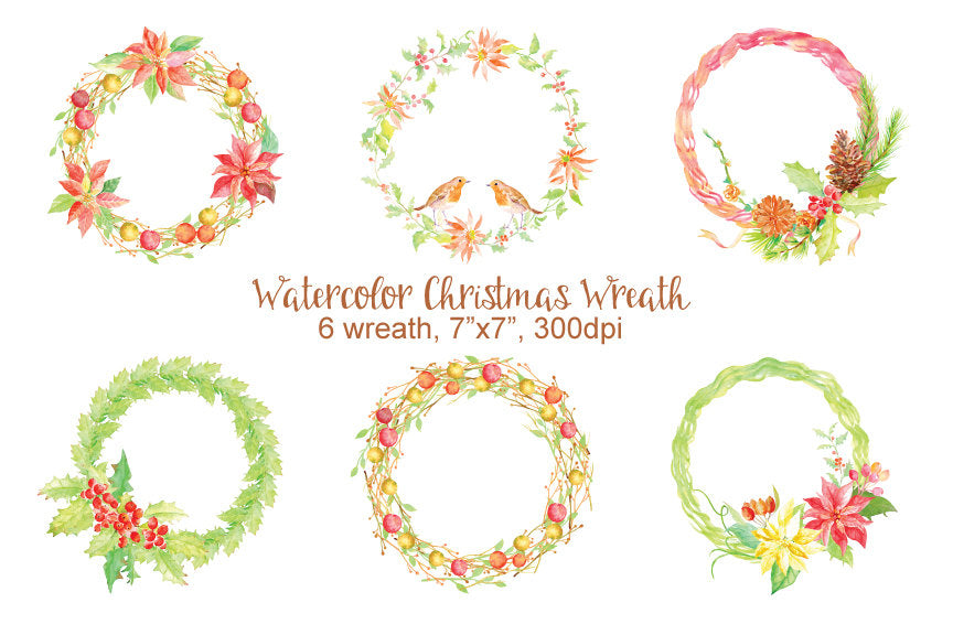 watercolor Christmas wreath, holly wreath, bird wreath, 