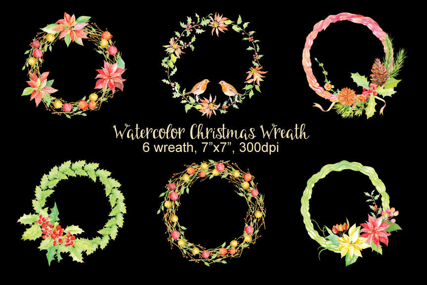 Hand painted watercolor wreaths of Christmas decoration, bird, pine cones, holly and poinsettia